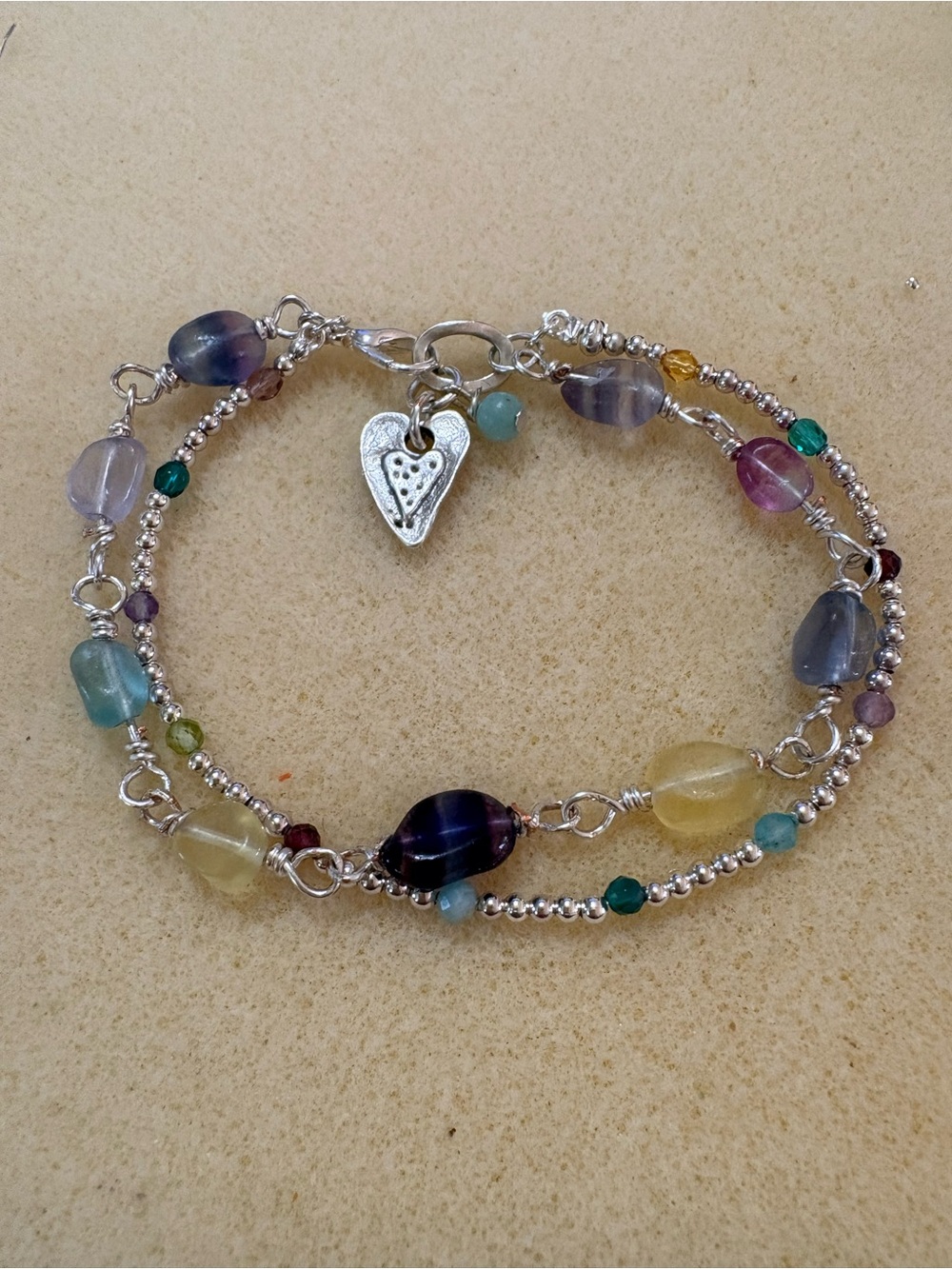 Multi-Color Fluorite Beaded Heart Charm Bracelet - Silver-tone Accent 8 inches